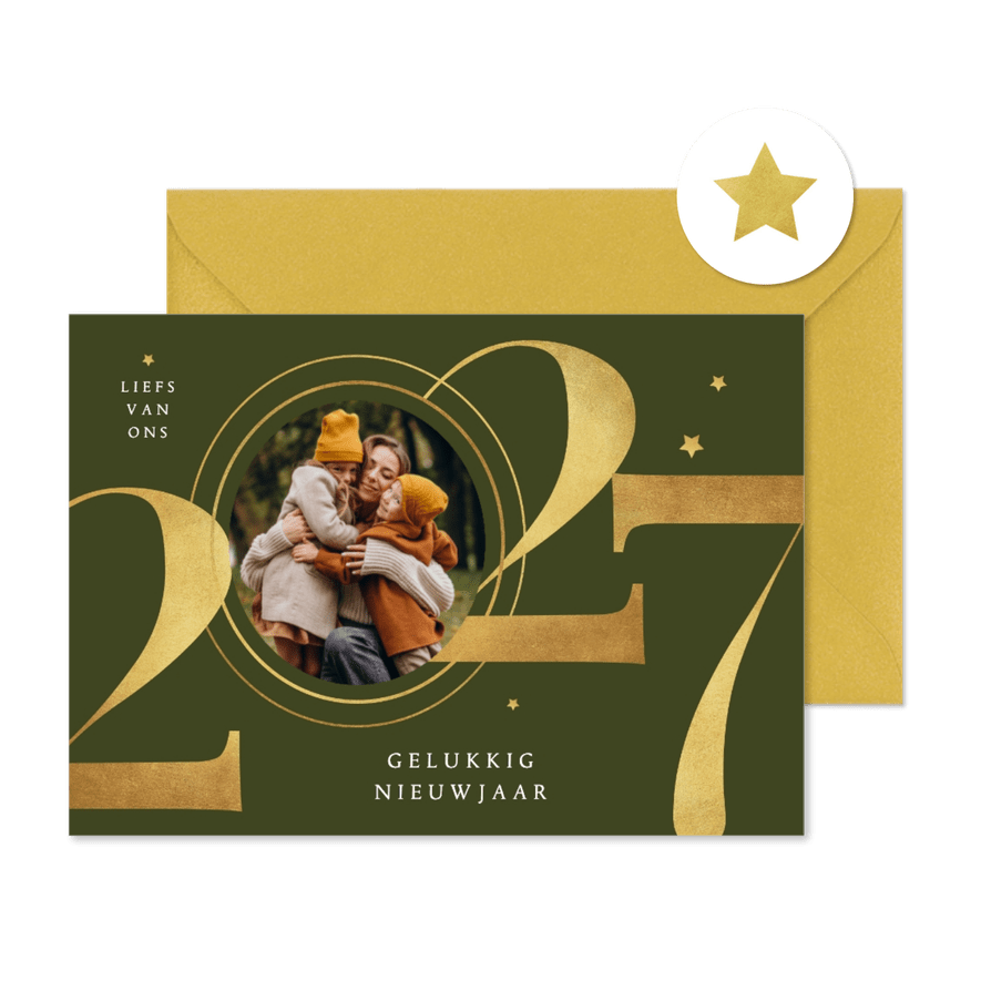 Nieuwjaarskaart foto goud 2027 grafisch sterren - Kaartimpressie