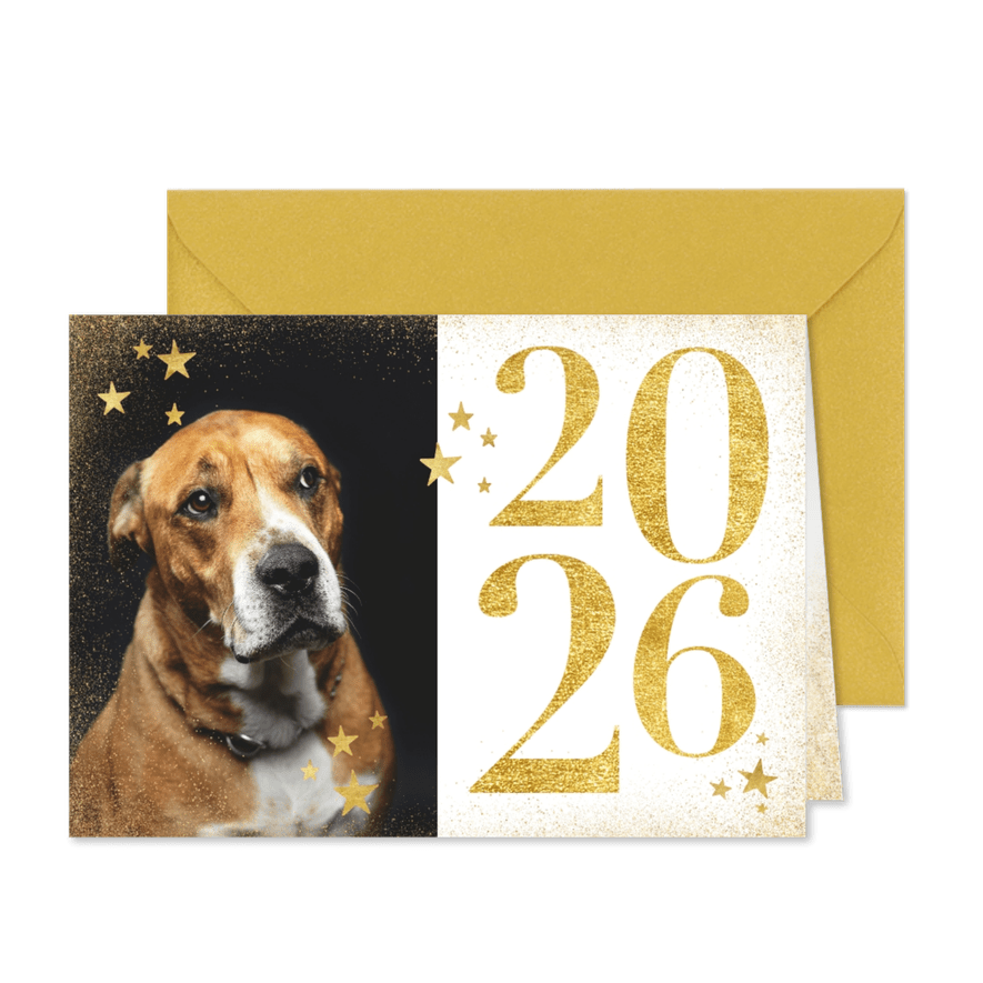 Nieuwjaarskaart foto gouden 2026 en sterren - Kaartimpressie