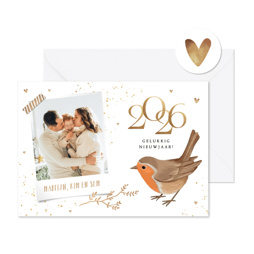 Nieuwjaarskaart foto roodborstje goud 2026 - Kaartimpressie