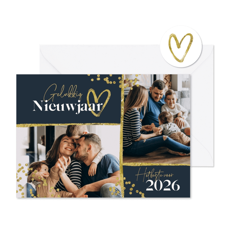 Nieuwjaarskaart foto's confetti goud hart liefdevol - Kaartimpressie