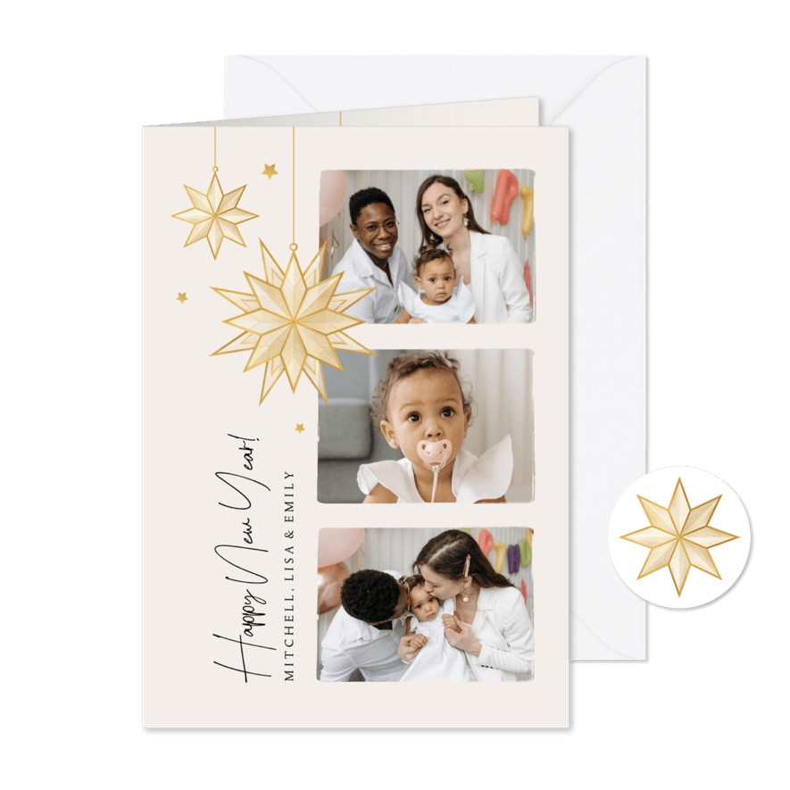 Nieuwjaarskaart foto sterren goud happy new year - Kaartimpressie