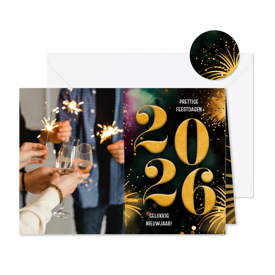 Nieuwjaarskaart foto vuurwerk gouden 2026 - Kaartimpressie