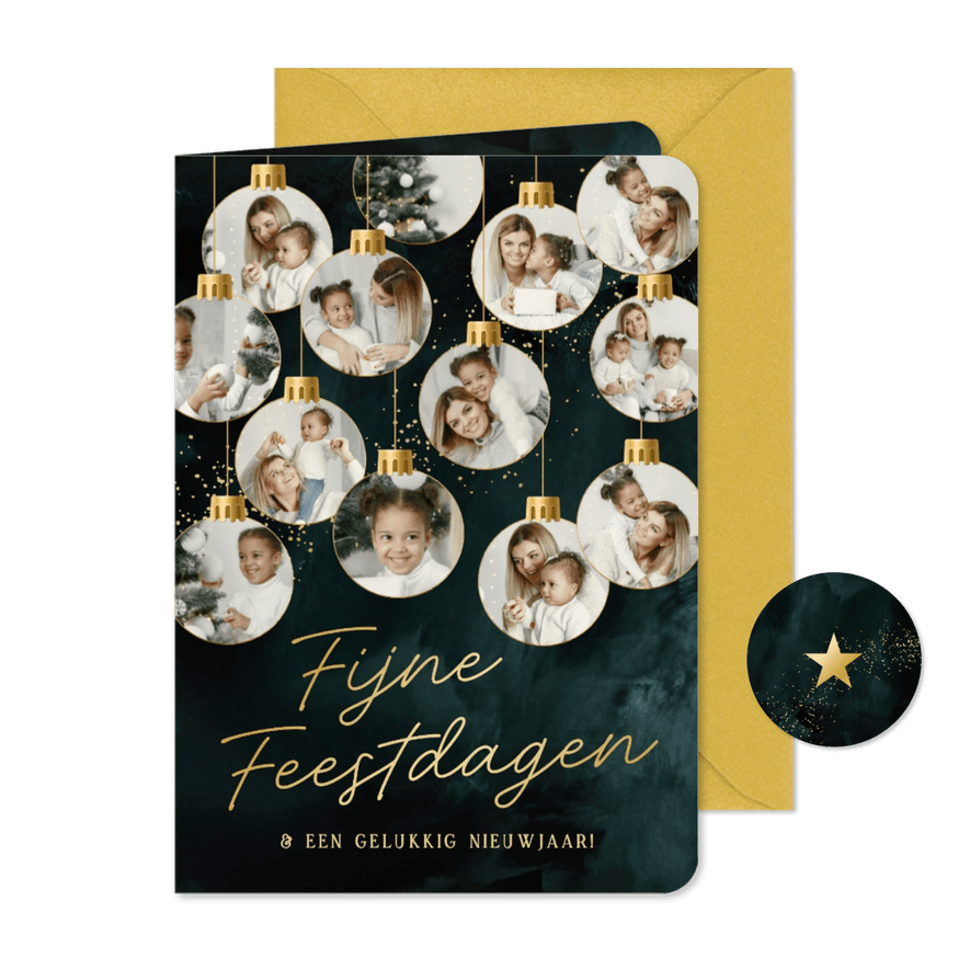 Nieuwjaarskaart fotocollage 13 kerstballen goud - Kaartimpressie