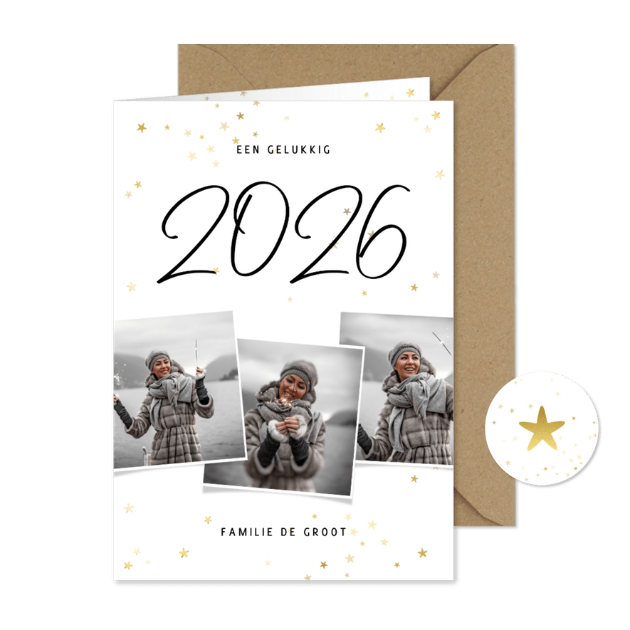 Nieuwjaarskaart fotocollage 2026 met gouden sterren - Kaartimpressie