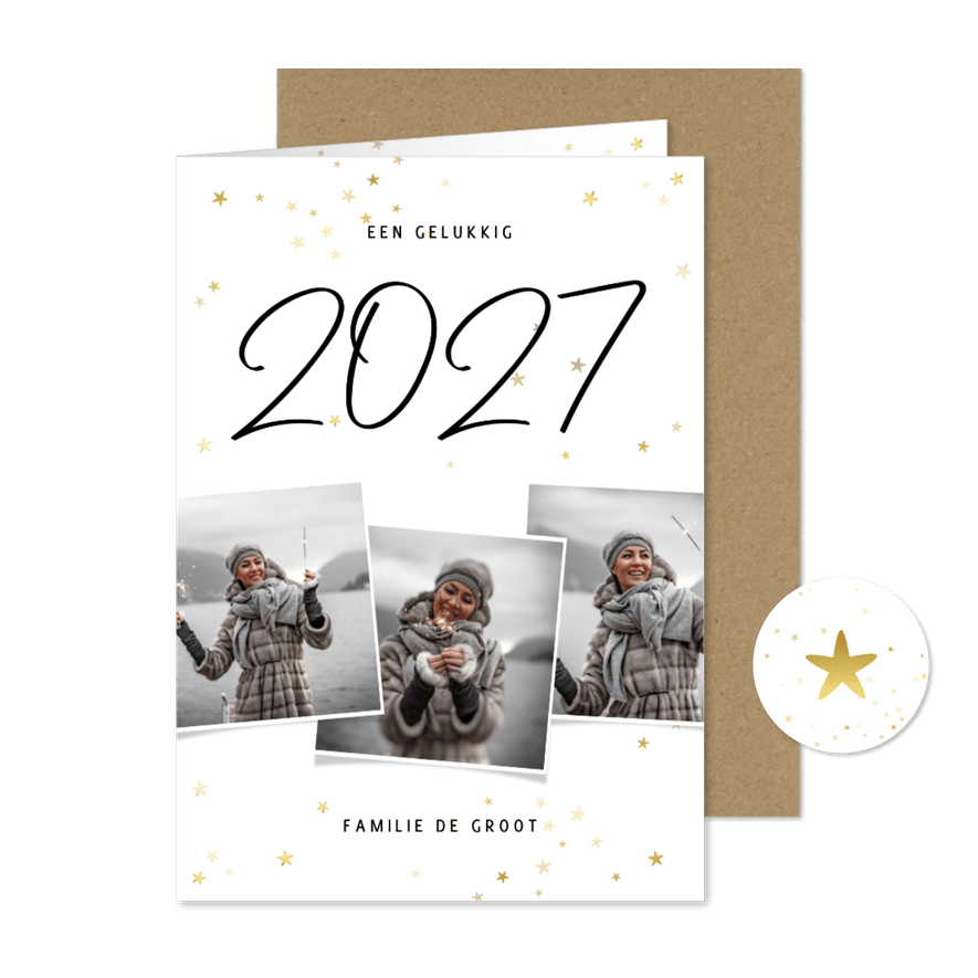Nieuwjaarskaart fotocollage 2027 met gouden sterren - Kaartimpressie