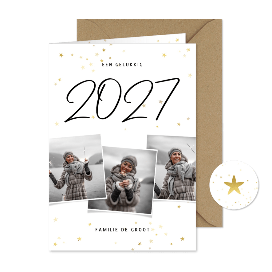 Nieuwjaarskaart fotocollage 2027 met gouden sterren - Kaartimpressie