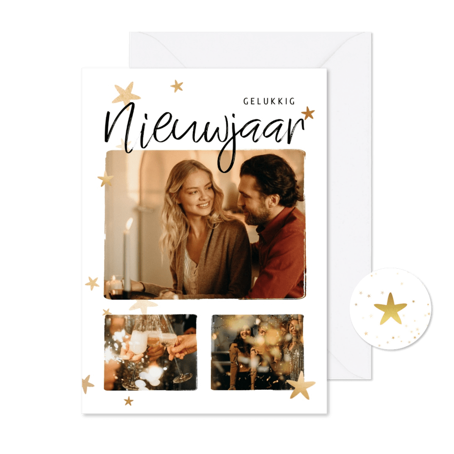 Nieuwjaarskaart fotocollage 3 foto's met sterren - Kaartimpressie