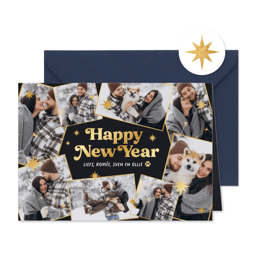 Nieuwjaarskaart fotocollage fijne feestdagen gouden sterren  - Kaartimpressie