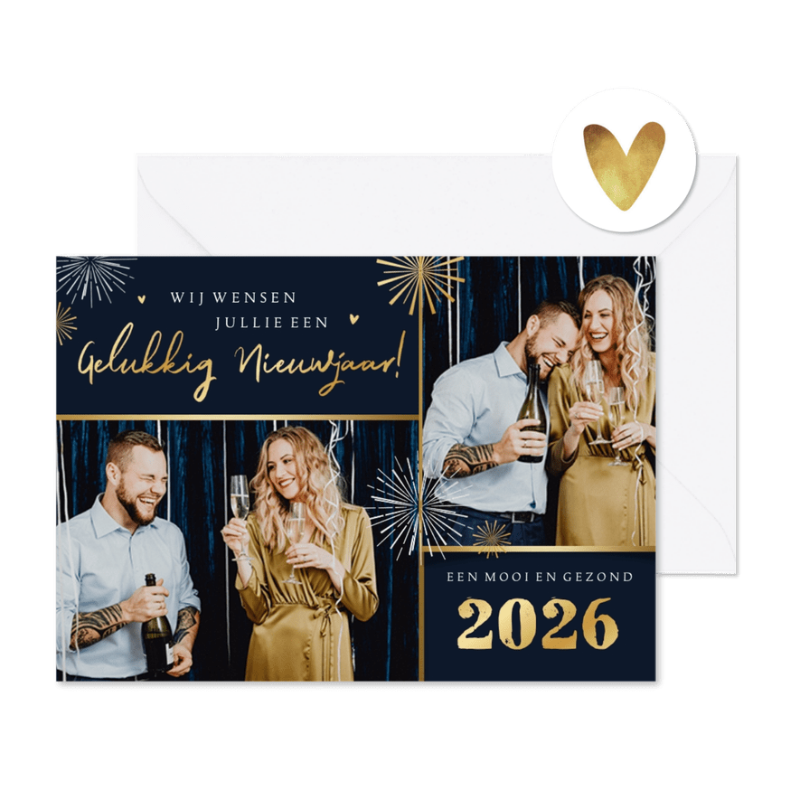 Nieuwjaarskaart fotocollage goud vuurwerk liefde - Kaartimpressie