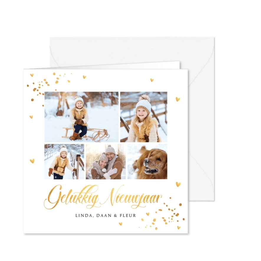 Nieuwjaarskaart fotocollage goudlook confetti - Kaartimpressie