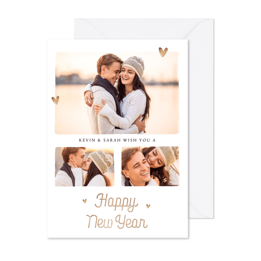 Nieuwjaarskaart fotocollage goudlook hartjes - Kaartimpressie