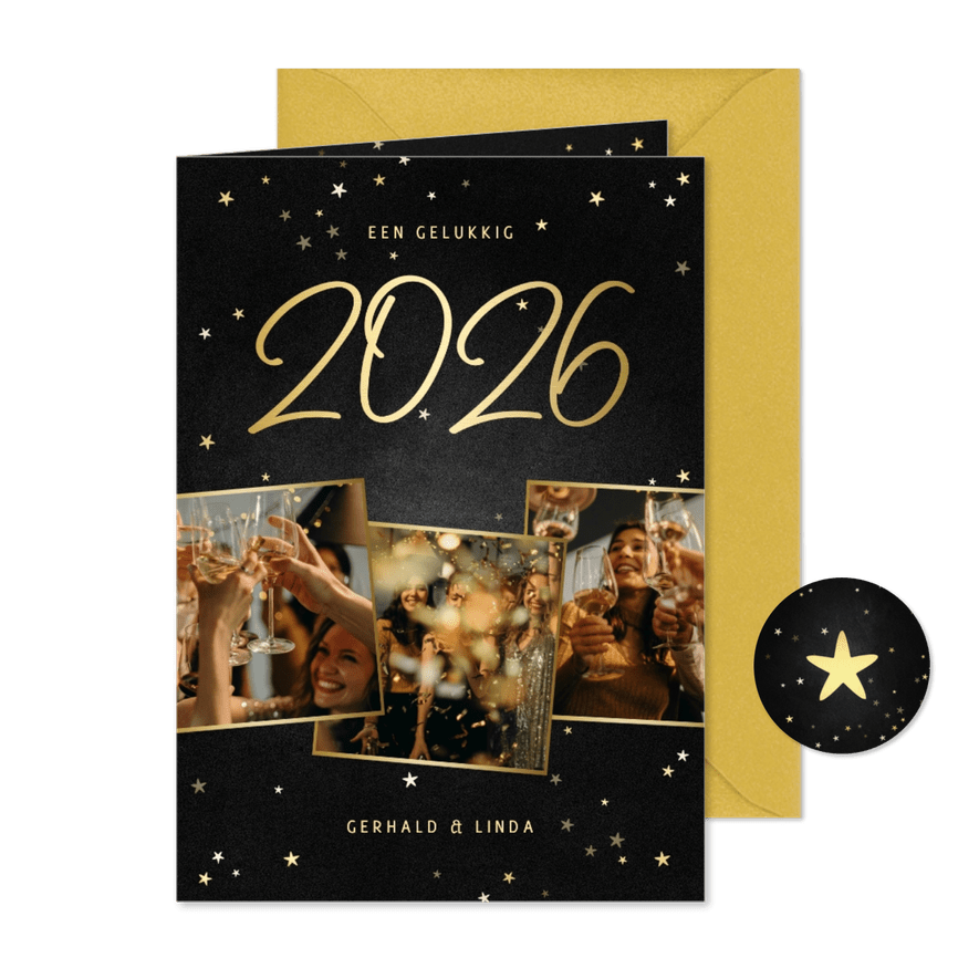 Nieuwjaarskaart fotocollage handgeschreven 2026 krijtbord - Kaartimpressie