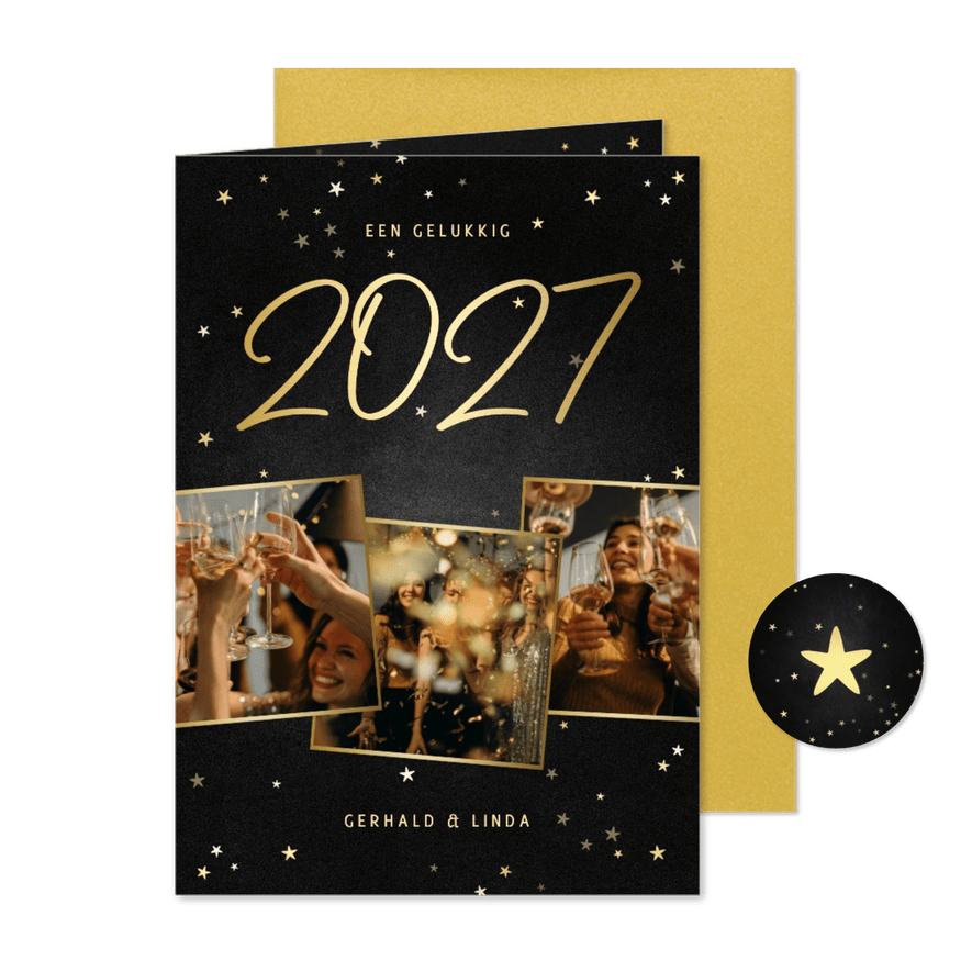 Nieuwjaarskaart fotocollage handgeschreven 2027 krijtbord - Kaartimpressie