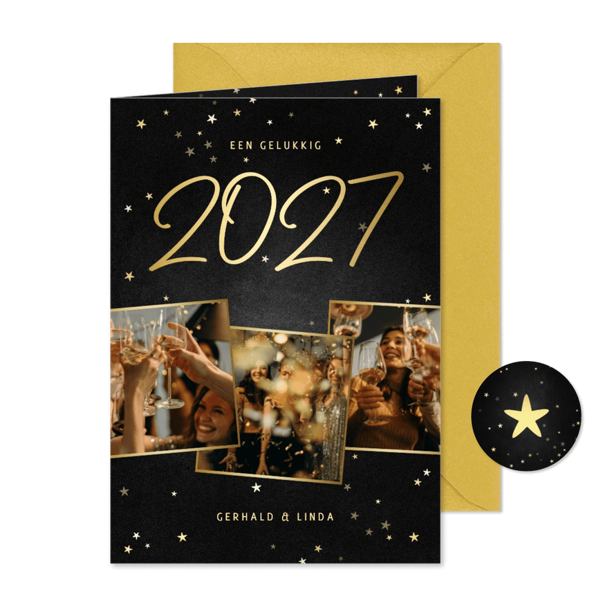 Nieuwjaarskaart fotocollage handgeschreven 2027 krijtbord - Kaartimpressie