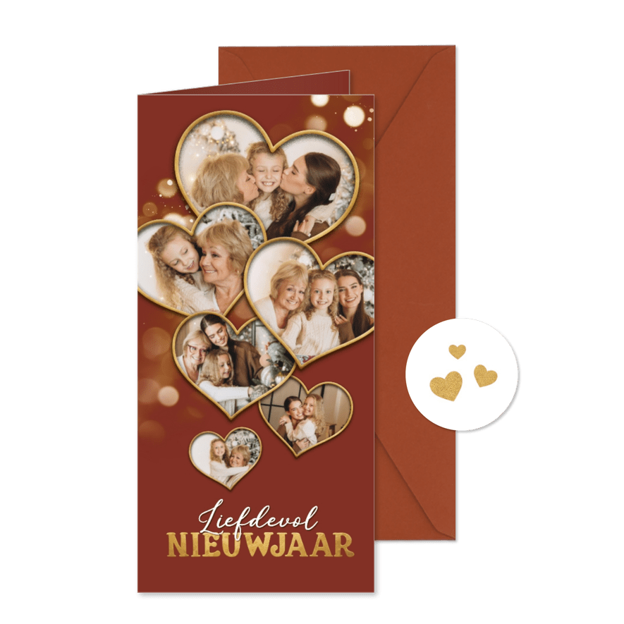 Nieuwjaarskaart fotocollage hartjes liefdevol nieuwjaar - Kaartimpressie