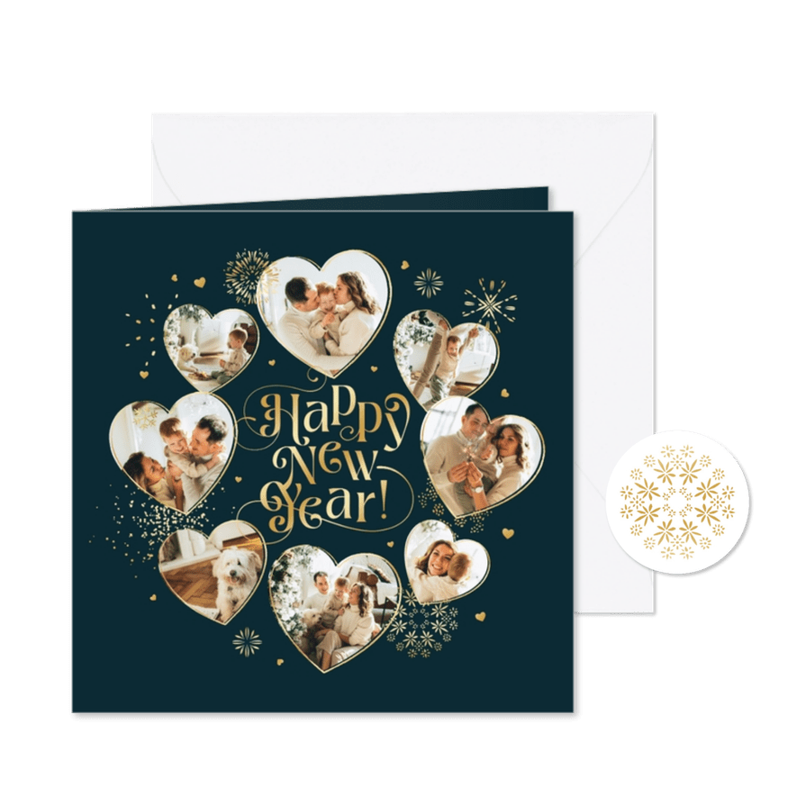 Nieuwjaarskaart fotocollage hartjes vuurwerk liefde goud - Kaartimpressie