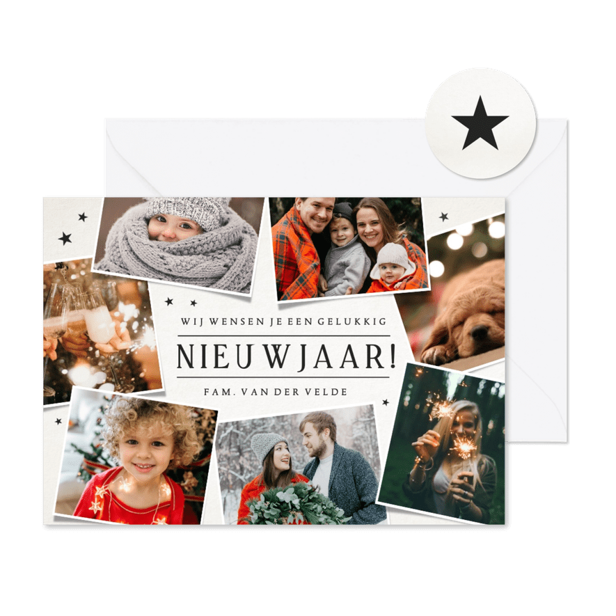 Nieuwjaarskaart fotocollage met 7 eigen foto's en sterren - Kaartimpressie