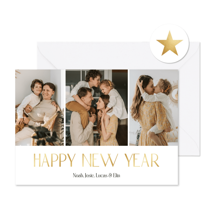 Nieuwjaarskaart fotocollage met goud happy new year - Kaartimpressie