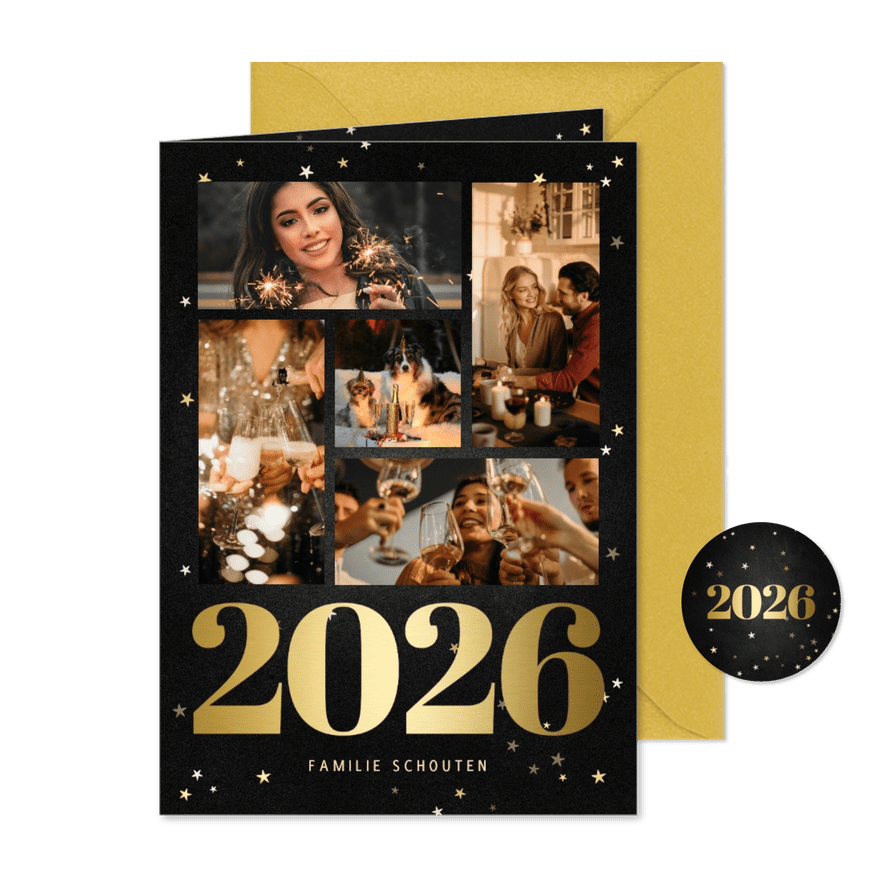 Nieuwjaarskaart fotocollage met gouden 2026 en sterren - Kaartimpressie