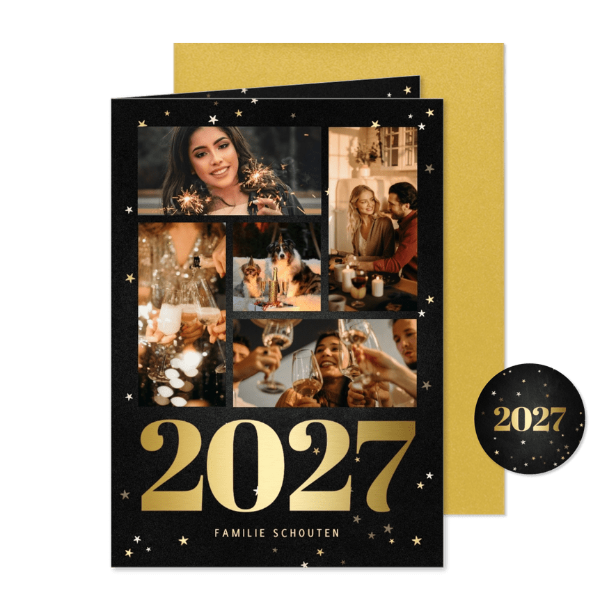 Nieuwjaarskaart fotocollage met gouden 2027 en sterren - Kaartimpressie