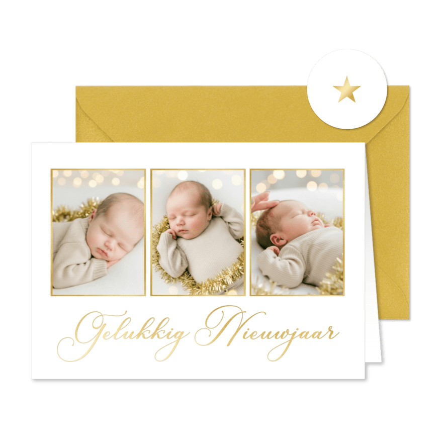 Nieuwjaarskaart fotocollage met klassieke gouden typografie - Kaartimpressie