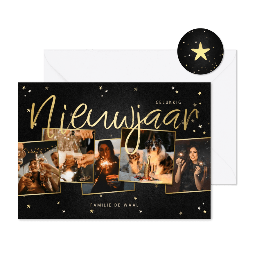 Nieuwjaarskaart fotocollage met krijtbord en sterren - Kaartimpressie