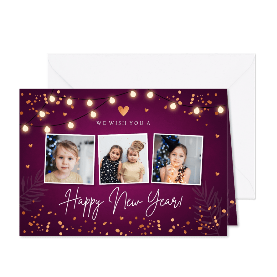 Nieuwjaarskaart fotocollage paars lampjes confetti koperlook - Kaartimpressie