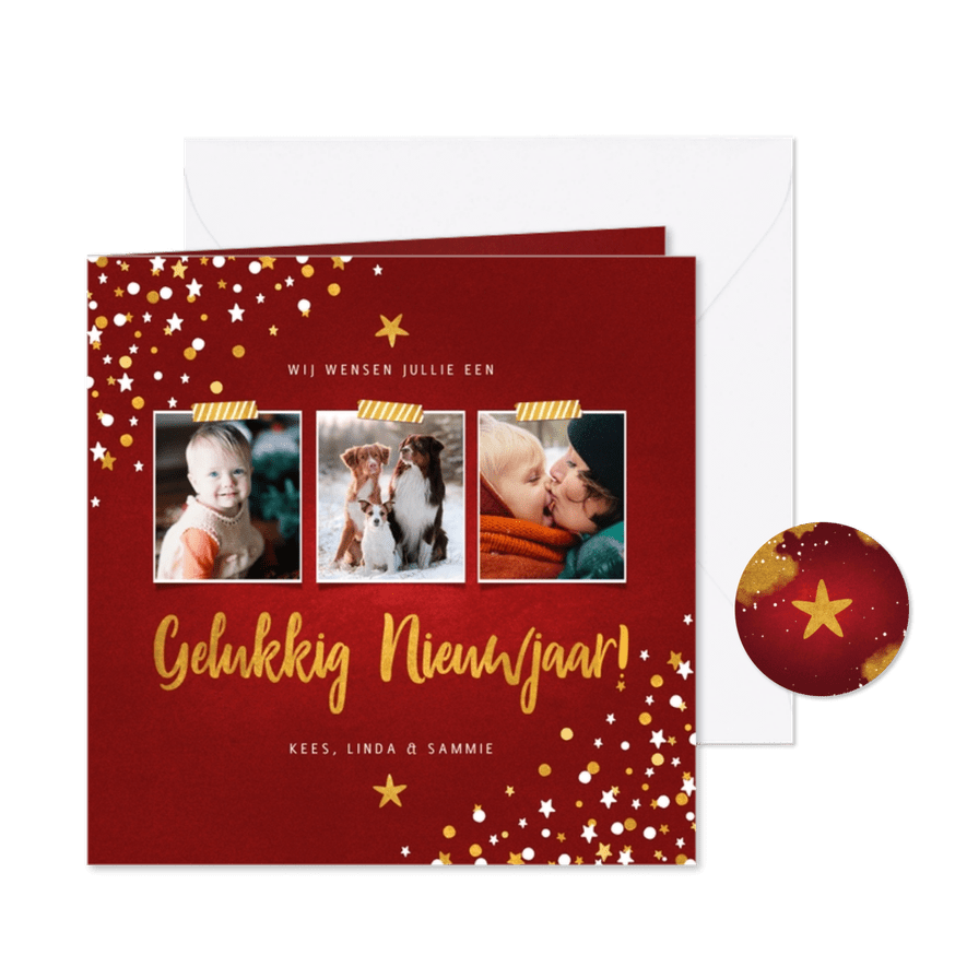 Nieuwjaarskaart fotocollage rood met confetti - Kaartimpressie