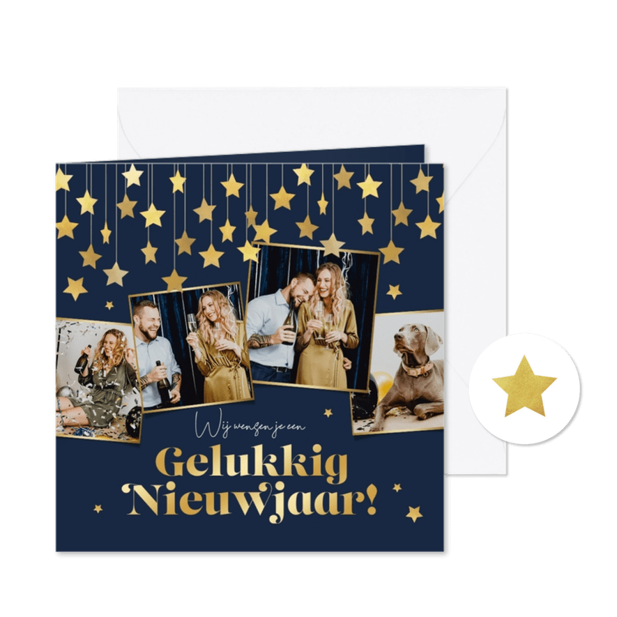 Nieuwjaarskaart fotocollage sterren gelukkig nieuwjaar goud - Kaartimpressie
