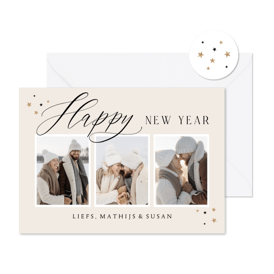 Nieuwjaarskaart fotocollage sterren goud happy new year - Kaartimpressie