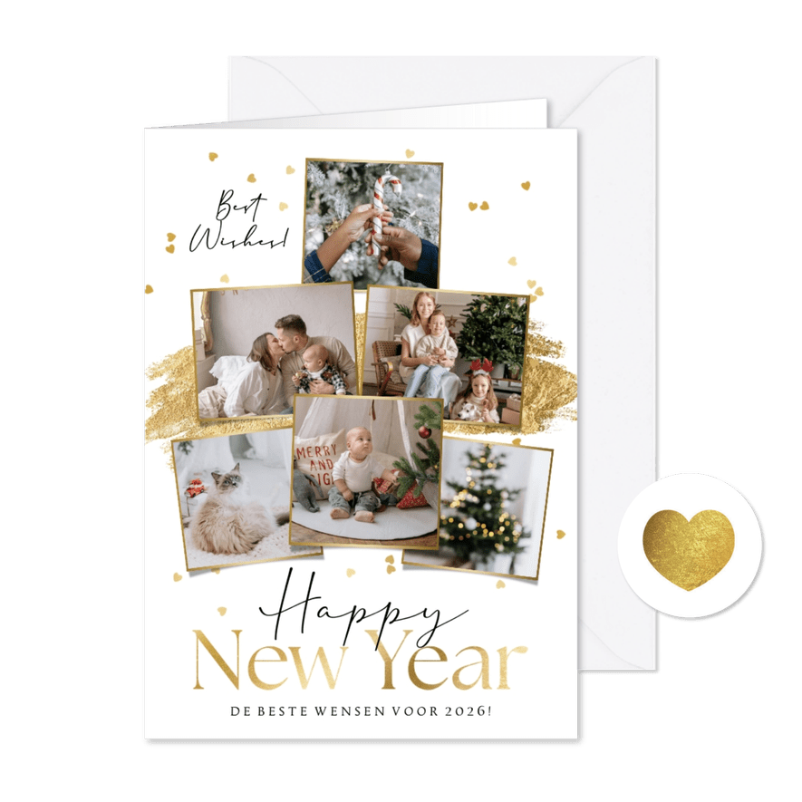 Nieuwjaarskaart fotocollage verfstreep goud hartjesconfetti - Kaartimpressie