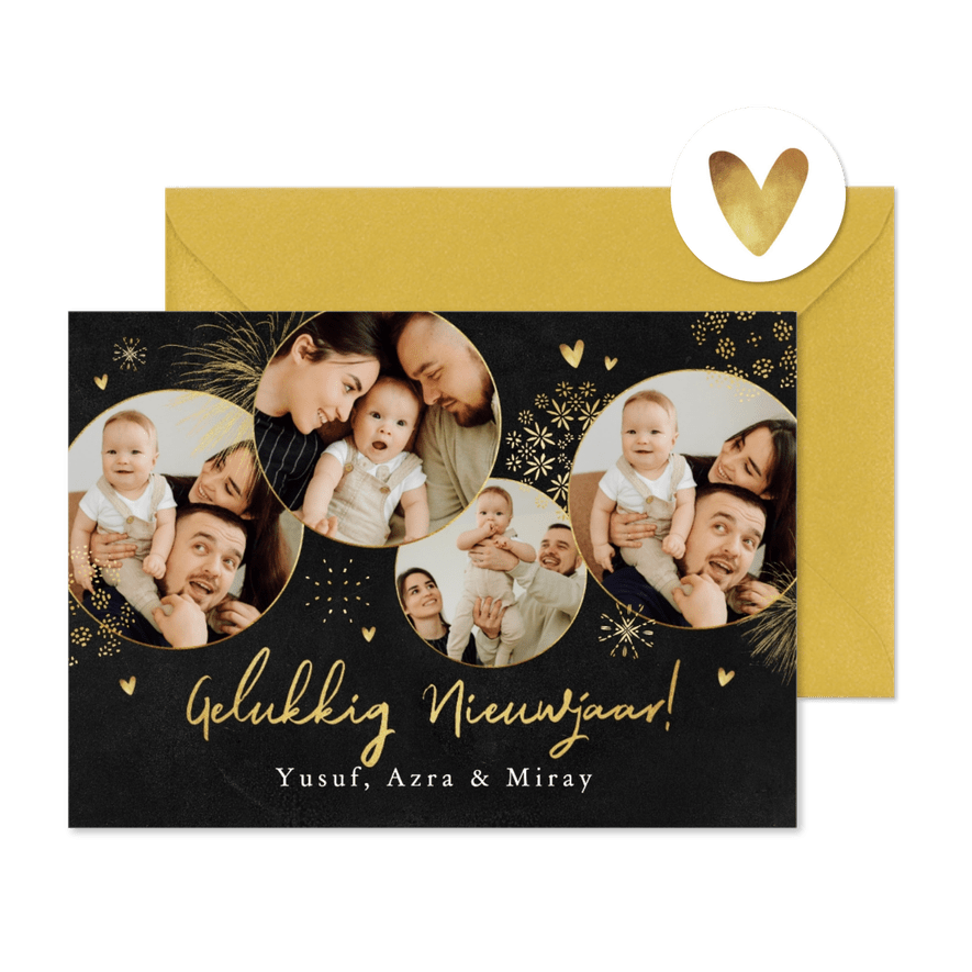 Nieuwjaarskaart fotocollage vuurwerk goud hartjes goud - Kaartimpressie