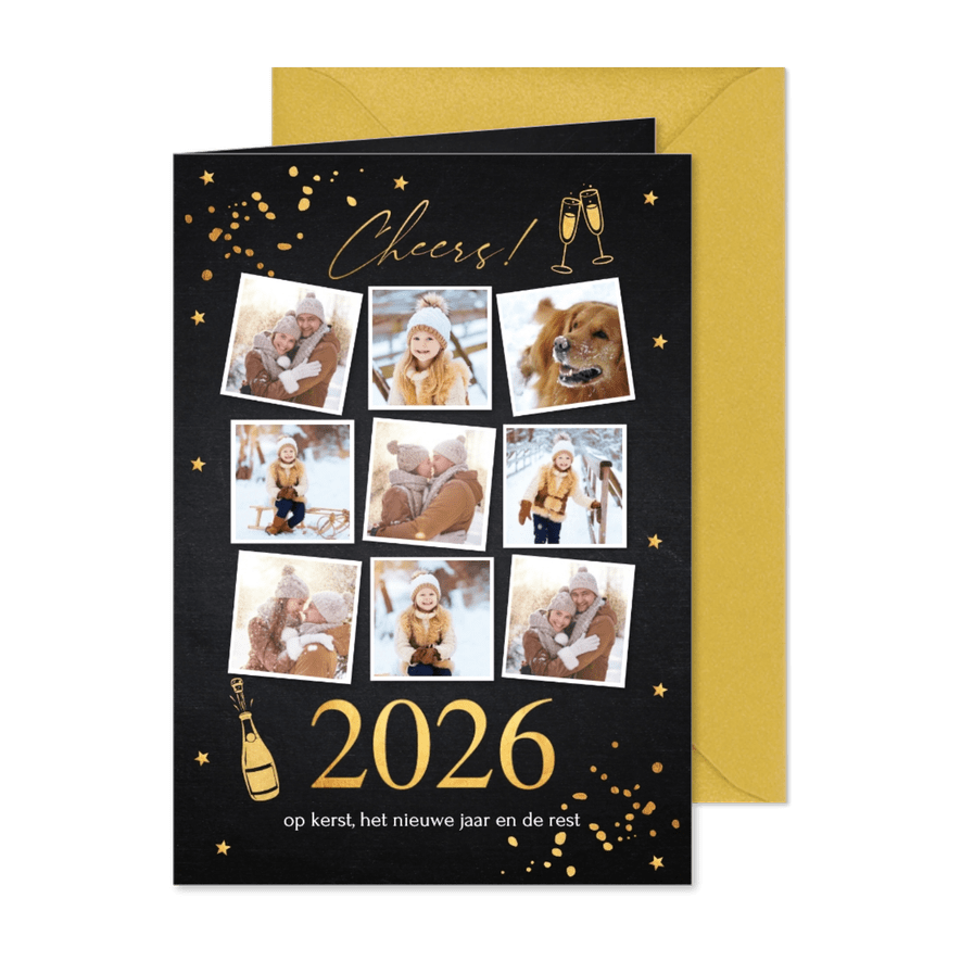 Nieuwjaarskaart fotocollage zwart confetti goudlook 2026 - Kaartimpressie