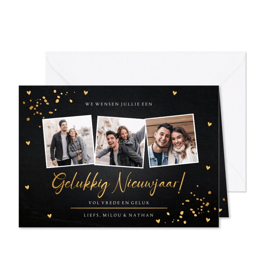 Nieuwjaarskaart fotocollage zwart goudlook confetti hartjes - Kaartimpressie