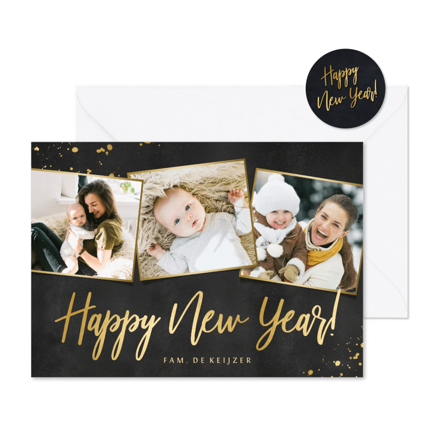Nieuwjaarskaart fotocollage zwart met goud en 3 foto's - Kaartimpressie
