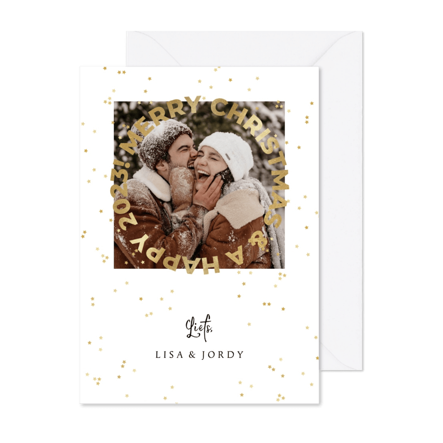 Nieuwjaarskaart fotokaart goud sterren stijlvol - Kaartimpressie
