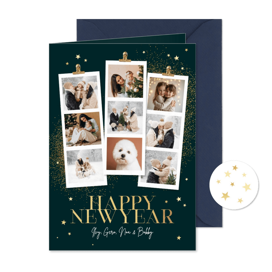 Nieuwjaarskaart fotostrips sterren goud beste wensen - Kaartimpressie