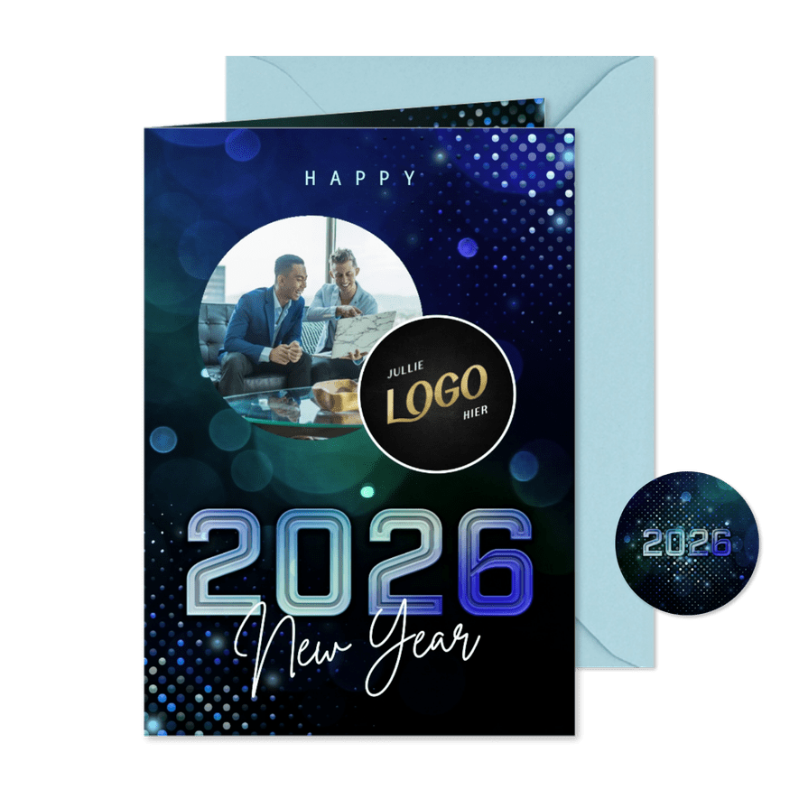 Nieuwjaarskaart futuristisch modern 2026 blauw met foto - Kaartimpressie