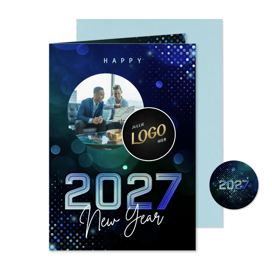 Nieuwjaarskaart futuristisch modern 2027 blauw met foto - Kaartimpressie