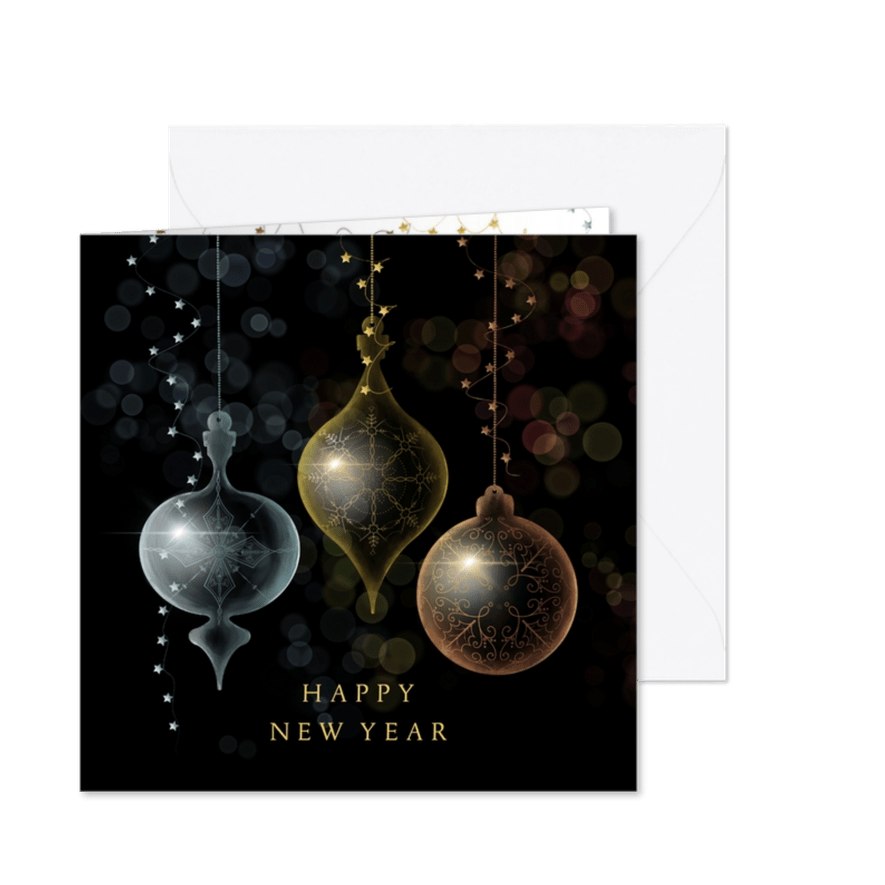 Nieuwjaarskaart gekleurde kerstballen glas - Kaartimpressie