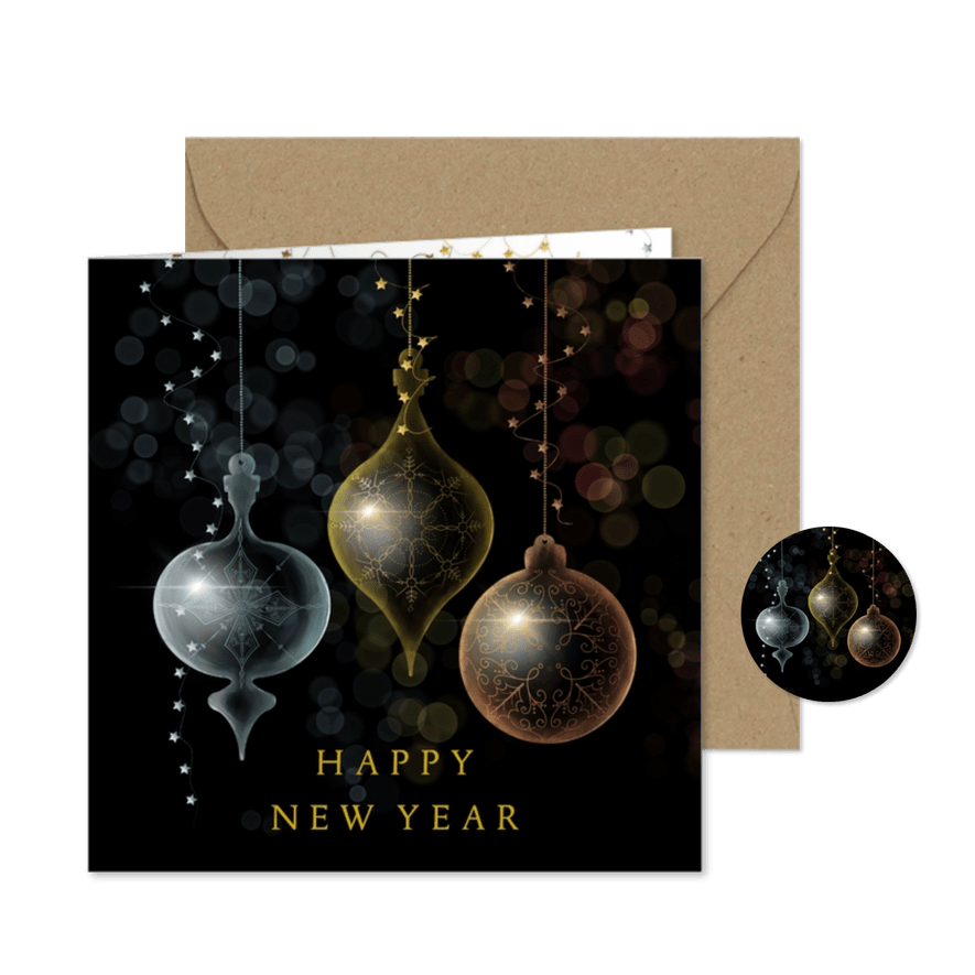 Nieuwjaarskaart gekleurde kerstballen glas - Kaartimpressie