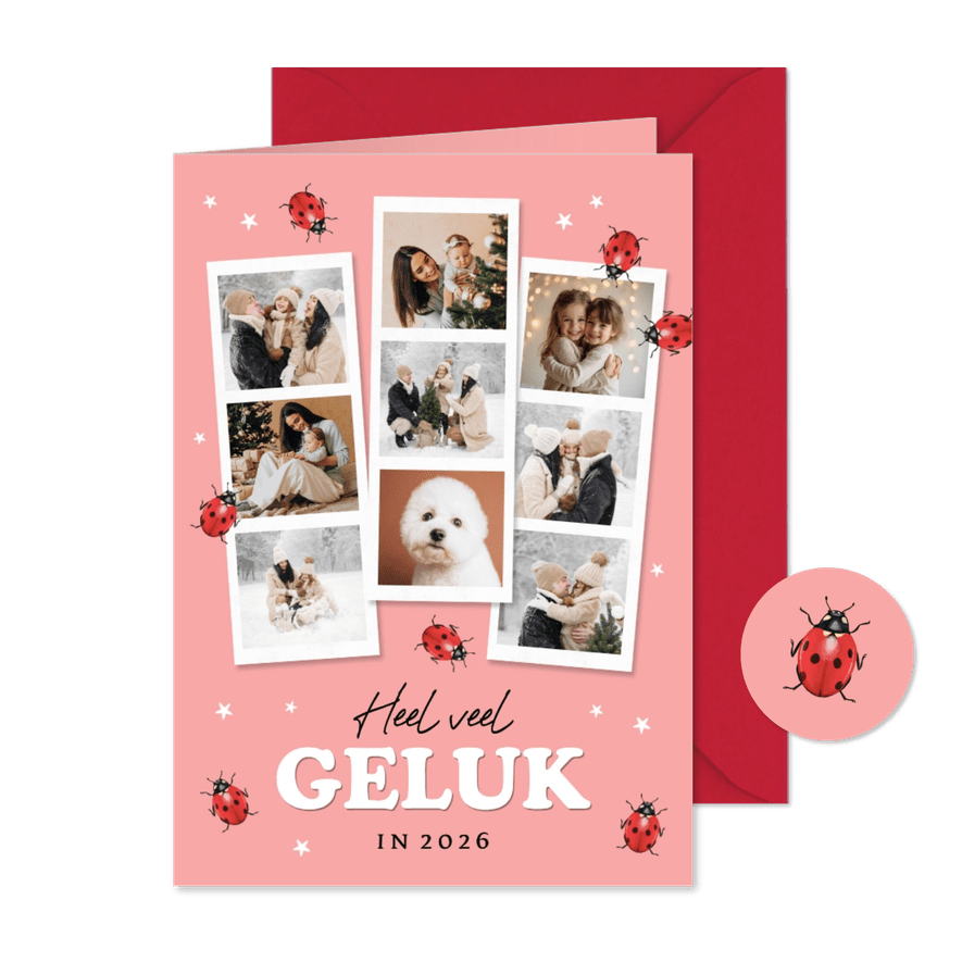 Nieuwjaarskaart geluk fotocollage lieveheersbeestjes sterren - Kaartimpressie