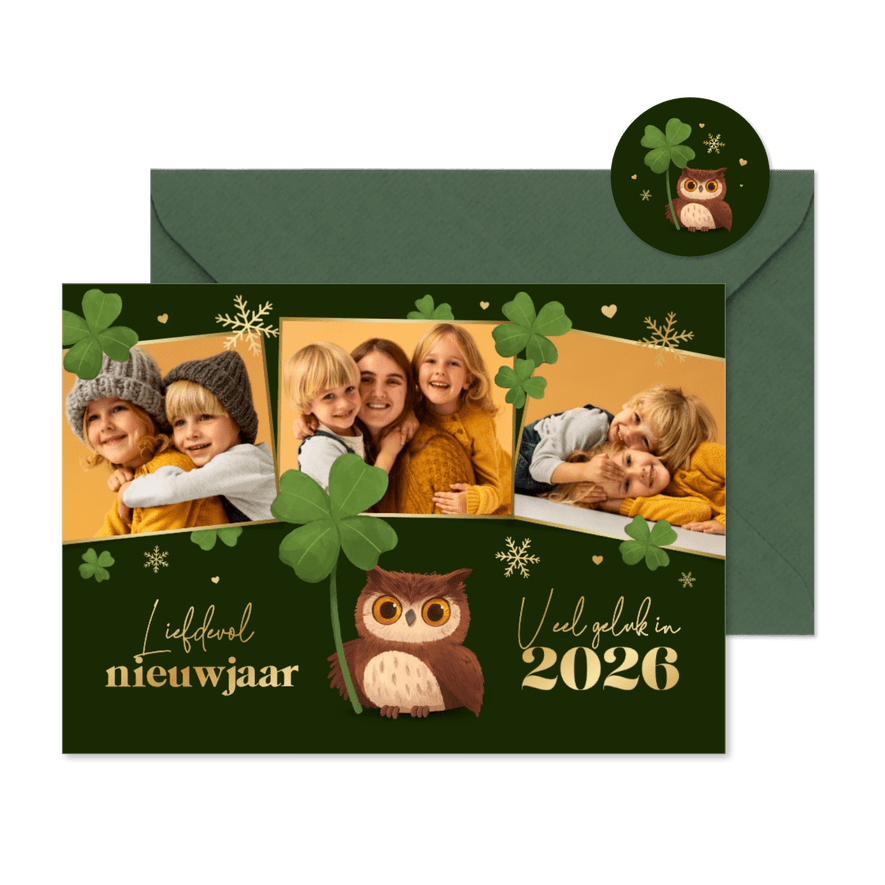 Nieuwjaarskaart geluk klavertjes vier sneeuw uiltje foto's - Kaartimpressie