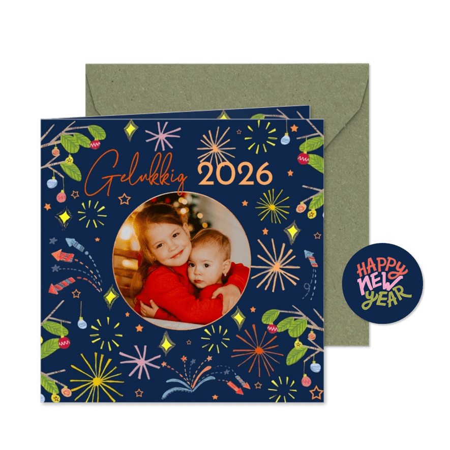 Nieuwjaarskaart Gelukkig 2026 typografie vuurwerk & foto - Kaartimpressie