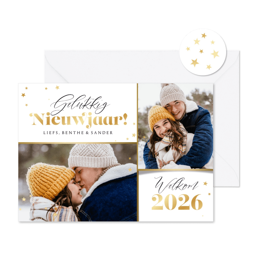 Nieuwjaarskaart gelukkig nieuwjaar goud sterren foto 2026 - Kaartimpressie