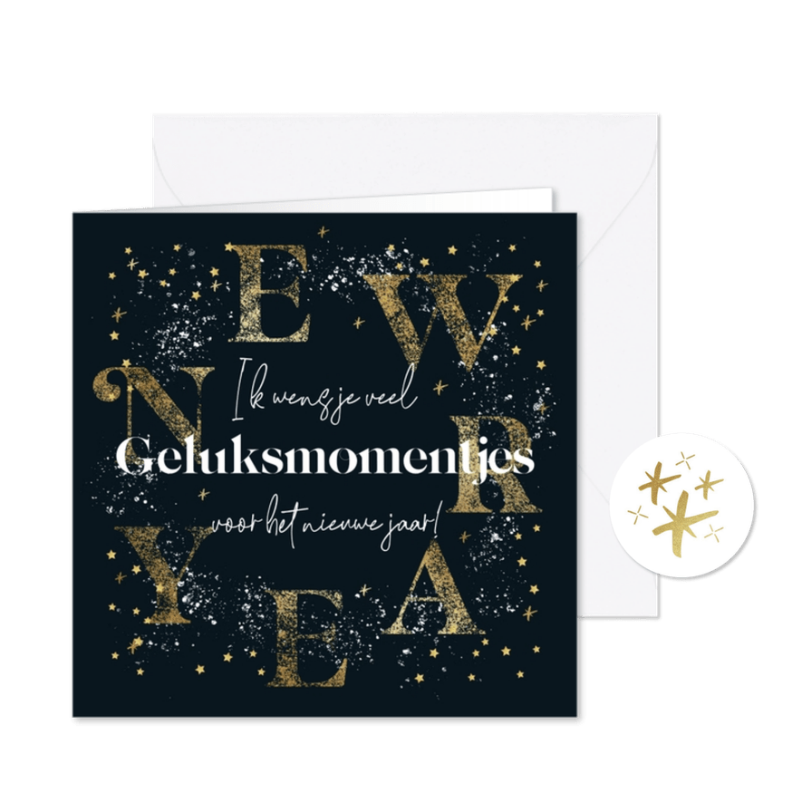 Nieuwjaarskaart geluksmomentjes sterren goud stijlvol - Kaartimpressie