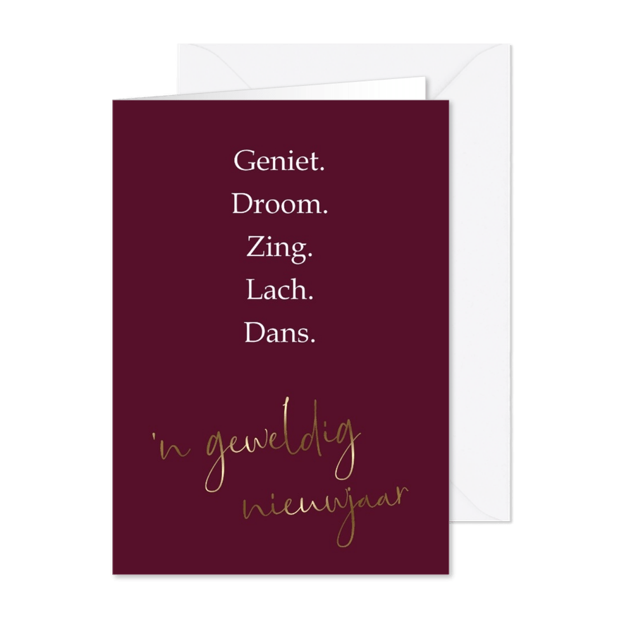 Nieuwjaarskaart Geniet. Droom. Zing. Lach. Dans. - Kaartimpressie