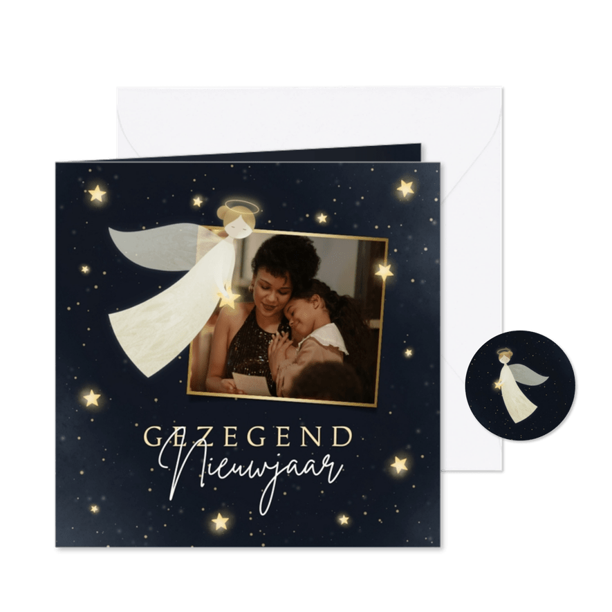 Nieuwjaarskaart Gezegend Nieuwjaar met foto en engel - Kaartimpressie