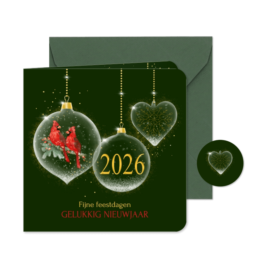 Nieuwjaarskaart glasballen met kardinaalsvogel - Kaartimpressie