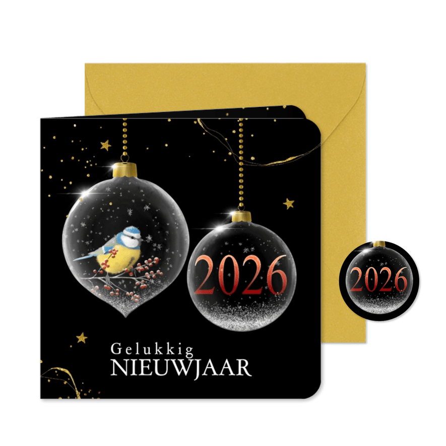 Nieuwjaarskaart glazen kerstballen met jaartal - Kaartimpressie